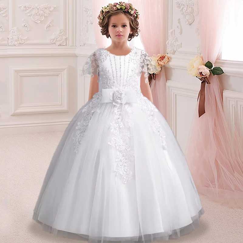 Flower Girl White Fluffy Childrens Wedding Dress Long Lace Party Evening Dress Elegant Girl 4-12 Years Old Childrens Clothing Z250904
