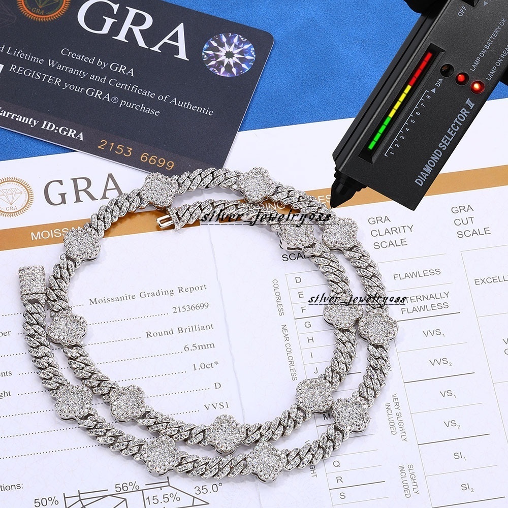 Custom 925 Silver Hip Hop Ice Necklace with VVS D Color Moissanite Clover Cuban Chain for Men