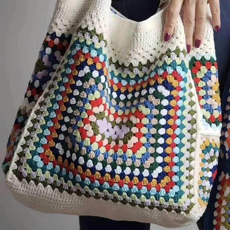 Tejiendo a mano hombro gran capacidad bolsas compras para mujeres con patrones abuela, bolsos de playa simple