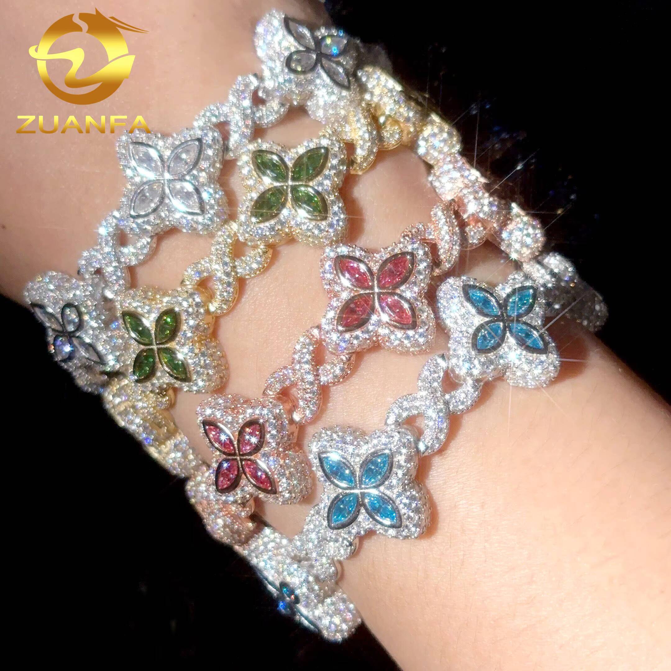 Hip Hop Jewelry Iced Out Men Cuban Bracelet 925Silver Moissanite Bracelet Men Pass Diamond Tester Flower Cuban Link 11color