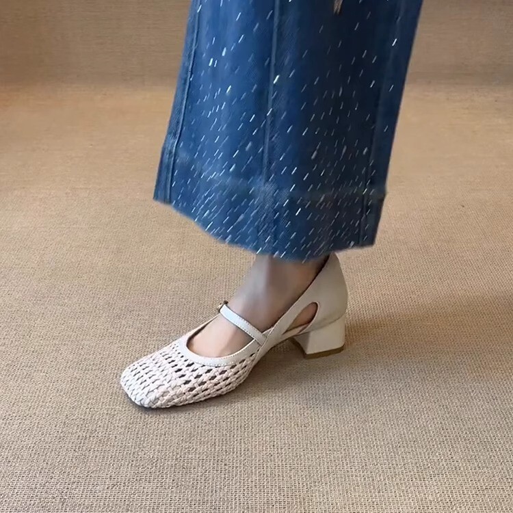 Designer 2025 New Women's Multi functional Thick Heel Woven Hollow Fashion Single Shoe