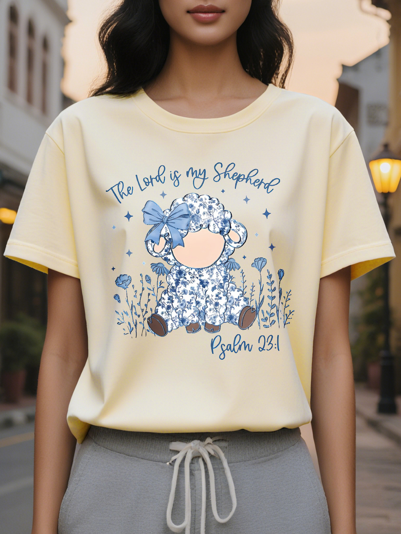 Women S Light Blue The Lord is my Shepherd T-Shirt Christian Faith Graphic Short Sleeve Round Neck SpringSummer