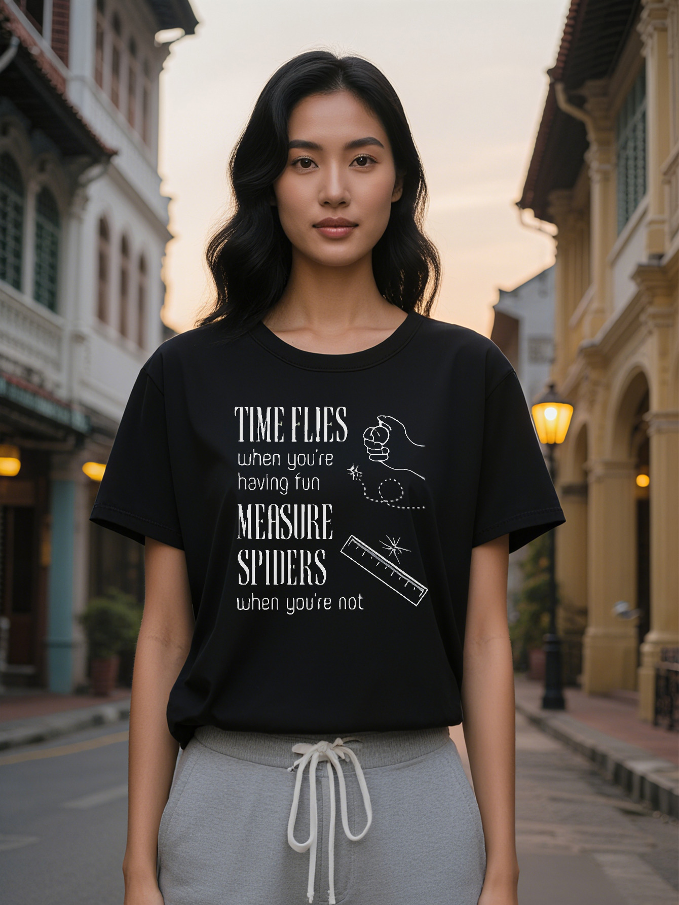 Large XL women's Graphic T-Shirt with Bold 'TIME FLIES WHEN YOU'RE NOT MEASURING SPIDERS' slogan Fist Design Black Round Neck Plus
