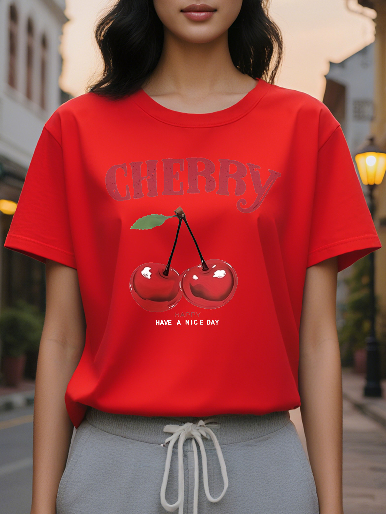 Cherry Ladies Casual Short Sleeve T-Shirt Loose Crew Neck Jacket Eye Catching Red Pattern Have A Nice Day Printing