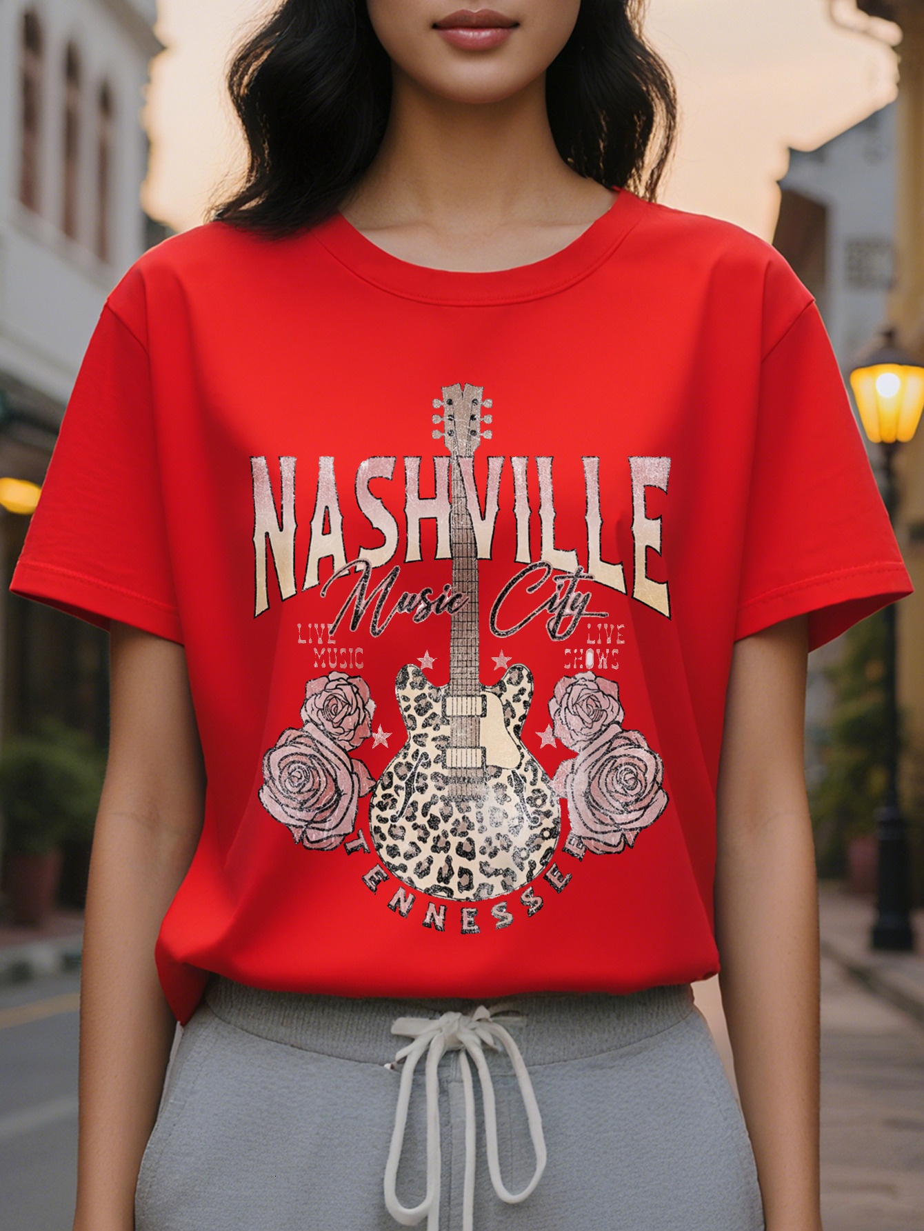 Guitar Print T-shirt Short Sleeve Round Neck Casual Top Summer and Spring Women's Clothing