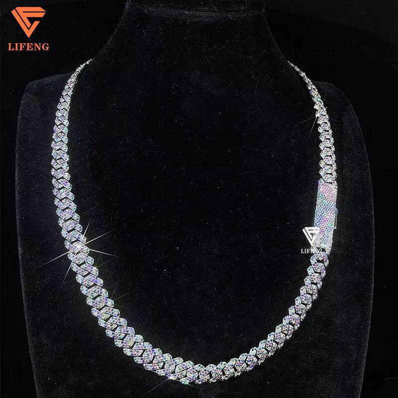 Luxury Design 925 Sterling Silver Cuban Link Chain Colorful Diamond Hip Hop 10MM Two Row Moissanite Necklace