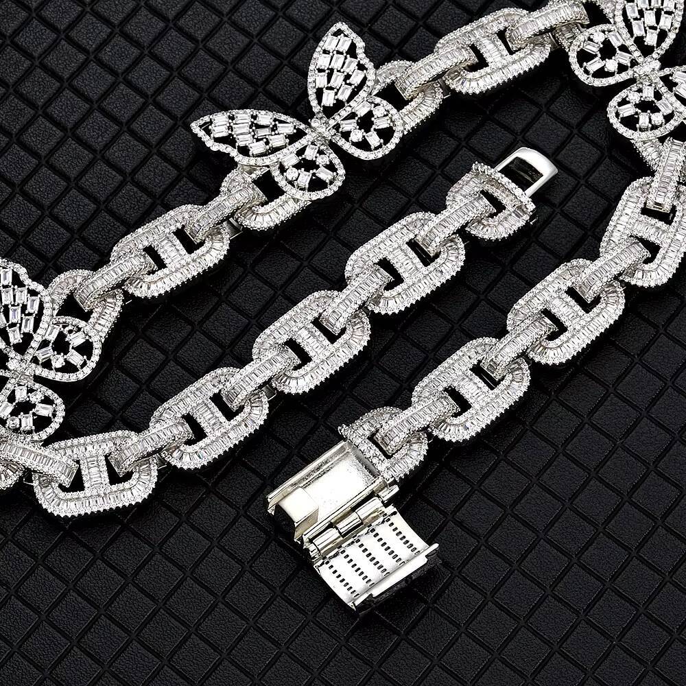NUOYA Custom Butterfly Cuban Link Choker Iced Out Bling Necklace Baguette Moissanite Diamond Silver Plated Choker Women Jewelry