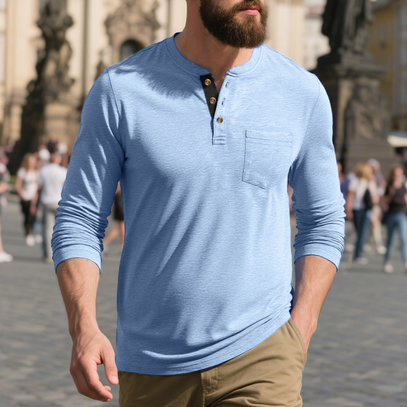 Men's Long Sleeve Button Down T-Shirts Autumn Henley Collar Casual High Quality Crew Neck Mens T Shirts European size: S-3XL