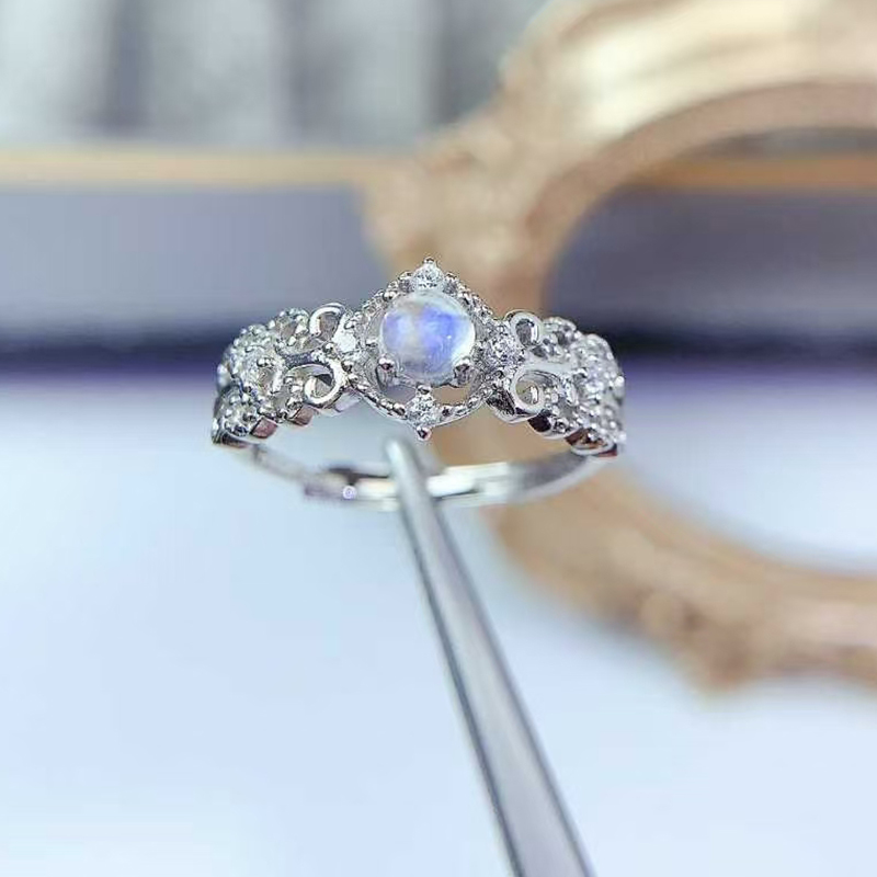 Vintage Design Silver Gemstone Ring Natural Moon Stone Ring 4mm 0.3ct Genuine Moon Stone Jewelry with 18K Gold Plating