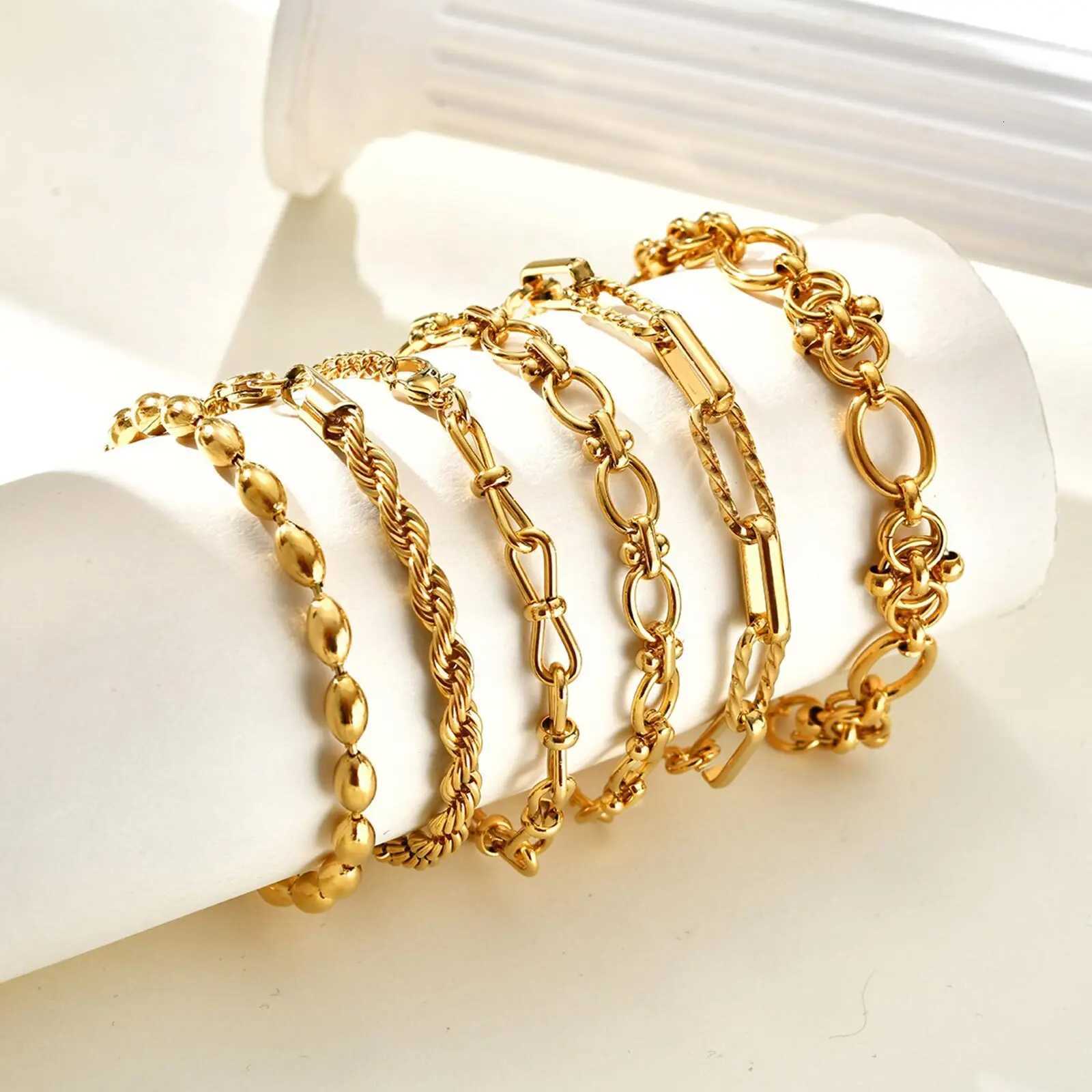 Chunky Stainless Steel Link Chain Bracelet For Women Gold Plated Layering Bracelets Waterproof Jewelry Y250904