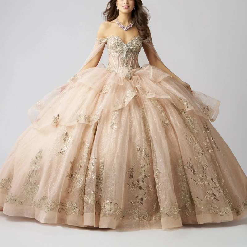 Champagne Shiny Quinceanera Dresses Ball Gown Off The Shoulder Applique Lace Beads Bow With Cape Tull Sweet 16 Dress Vestidos 15 Anos