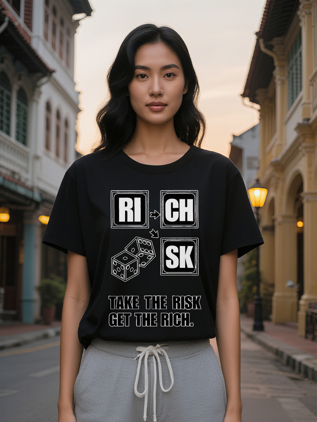 Large XL Lady Casual Crew Neck T Shirt with RI CH Print Take Risk Get The Rich Design Dice Illustration Perfect for Plus Size
