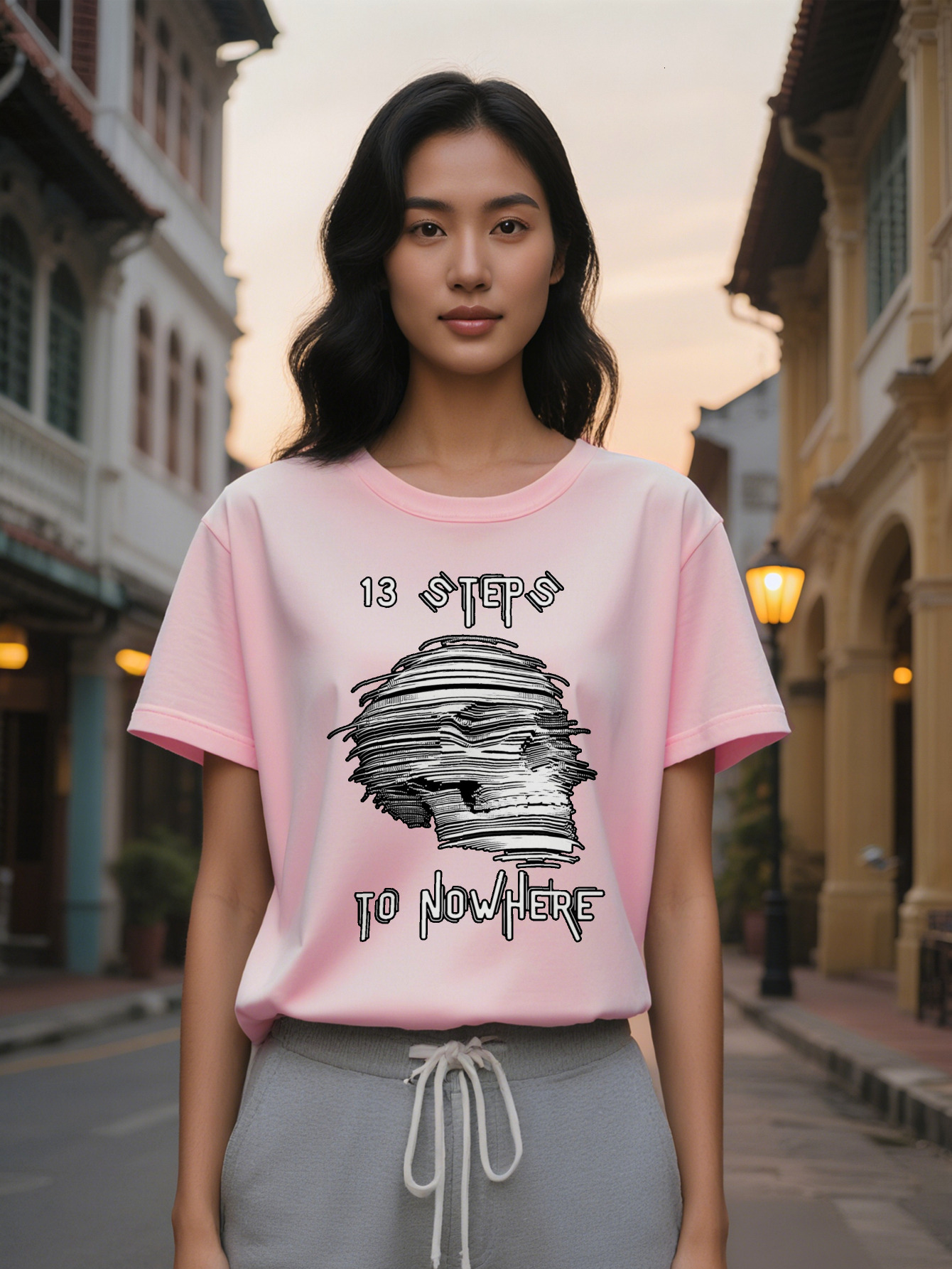 Casual Round Neck T-Shirt Black Background White Line Print Pattern Top Lady Gift