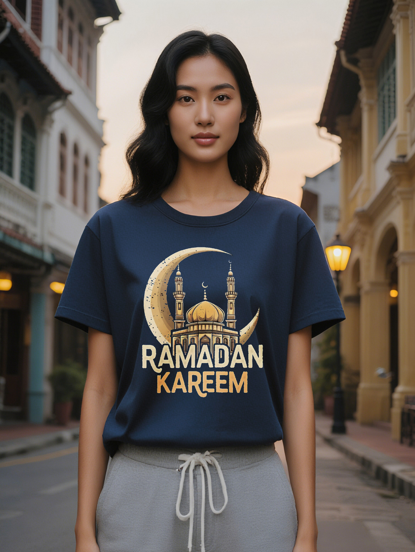 Large XL Lady Casual Crew Neck T-Shirt with Ramadan Kareem Print, Pure Cotton, Washable, Ideal Gift for Plus Size