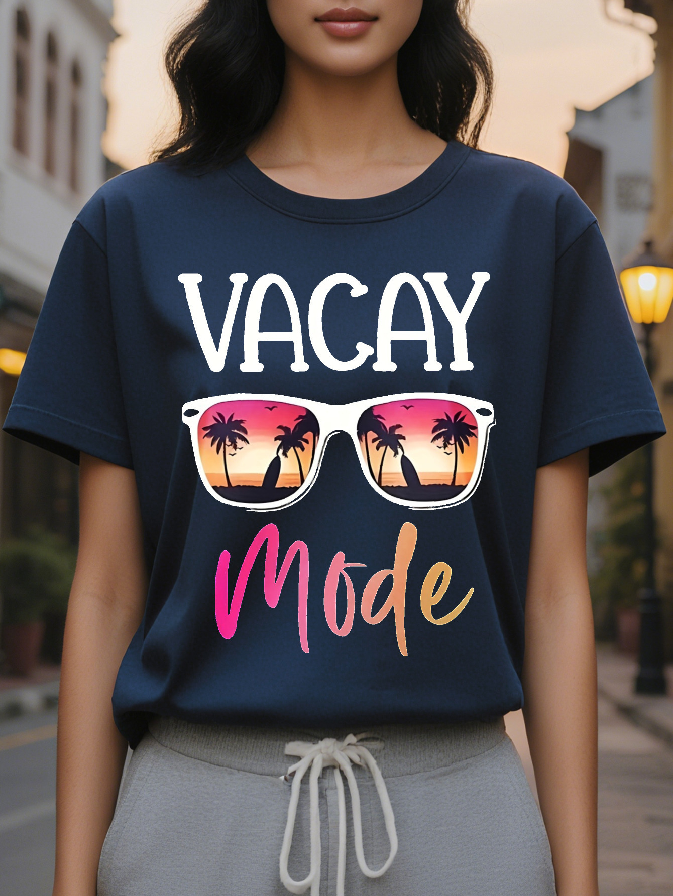 Black Women s Short Sleeve Crew Neck T-Shirt Tropical Palm Tree Sunset Graphic Print with Vacay Mode Text hine