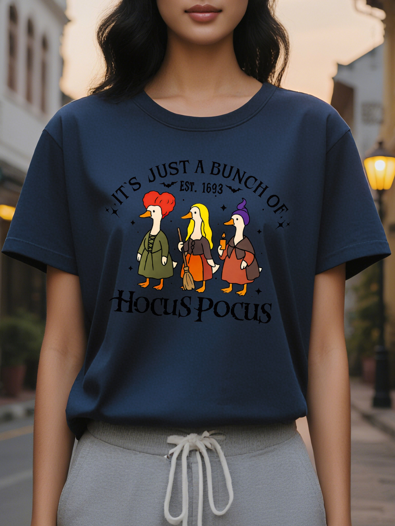 Women's Movie Quote Halloween T-Shirt It's Just a Bunch of Hocus Pocus Graphic Tee with Witch Design Soft Round Neck