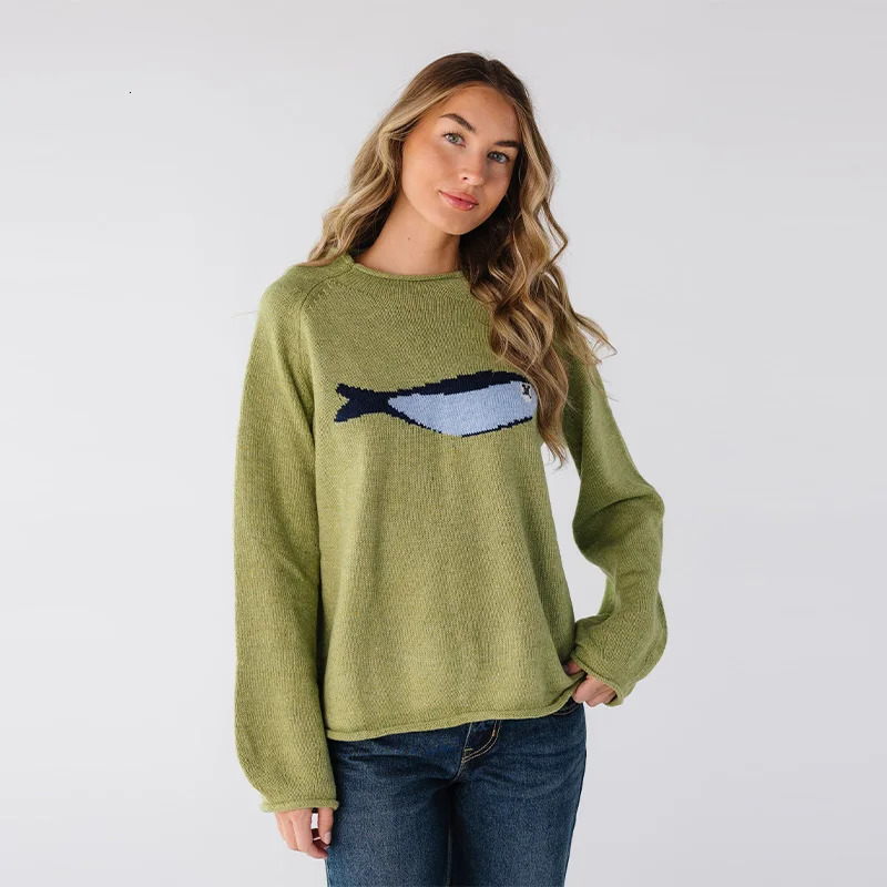 Womens Vintage Roundneck Fish Pattern Knitted Sweaters Casual Long Sleeve Soft Pullovers Autumn Winter Basics Knitted Top 250903