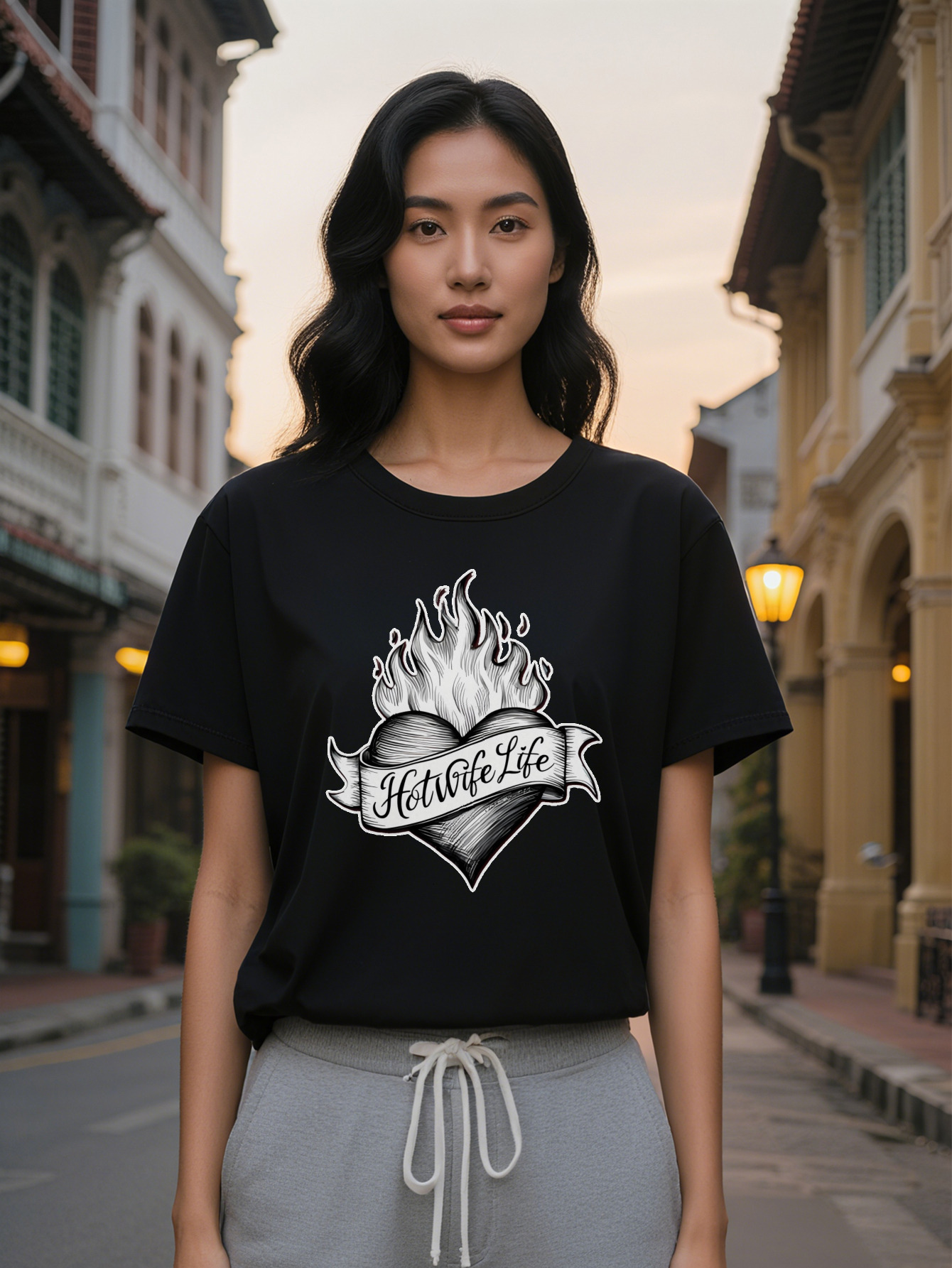 Large XL Women's T-Shirt with Heart Flame Print Hotwife Text Black Round Neck Summer Tee Washable Regular Fit Top for Plus Size