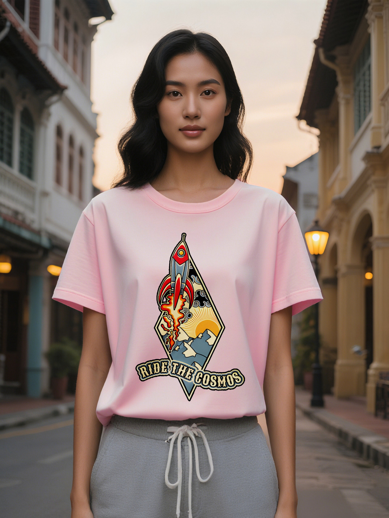 Large XL Lady Casual Graphic T-Shirt Black Space Rocket Mountain Print with Ride The Cosmos Design Round Neck Summer Tee Plus Size