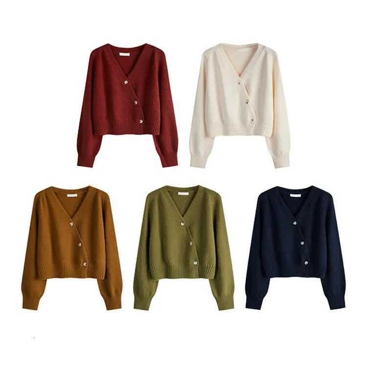 Korean version of womens autumn and winter knitted cardigan diagonal Vneck womens longsleeved singlebreasted sweater M250904