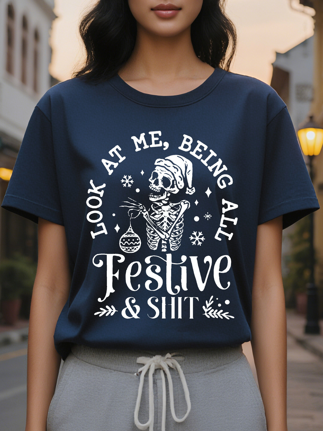 Women s Graphic T Shirt Look at Me Being All Shit Slogan with Skeleton Santa Vibrant Green Casual Round Neck
