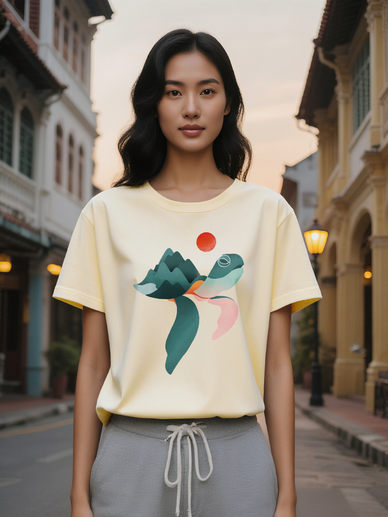 Large XL Women's Casual Graphic Tee Black Round Neck T-Shirt with Stylish Mountain Whale Design Perfect Gift for Women Summer Plus Size