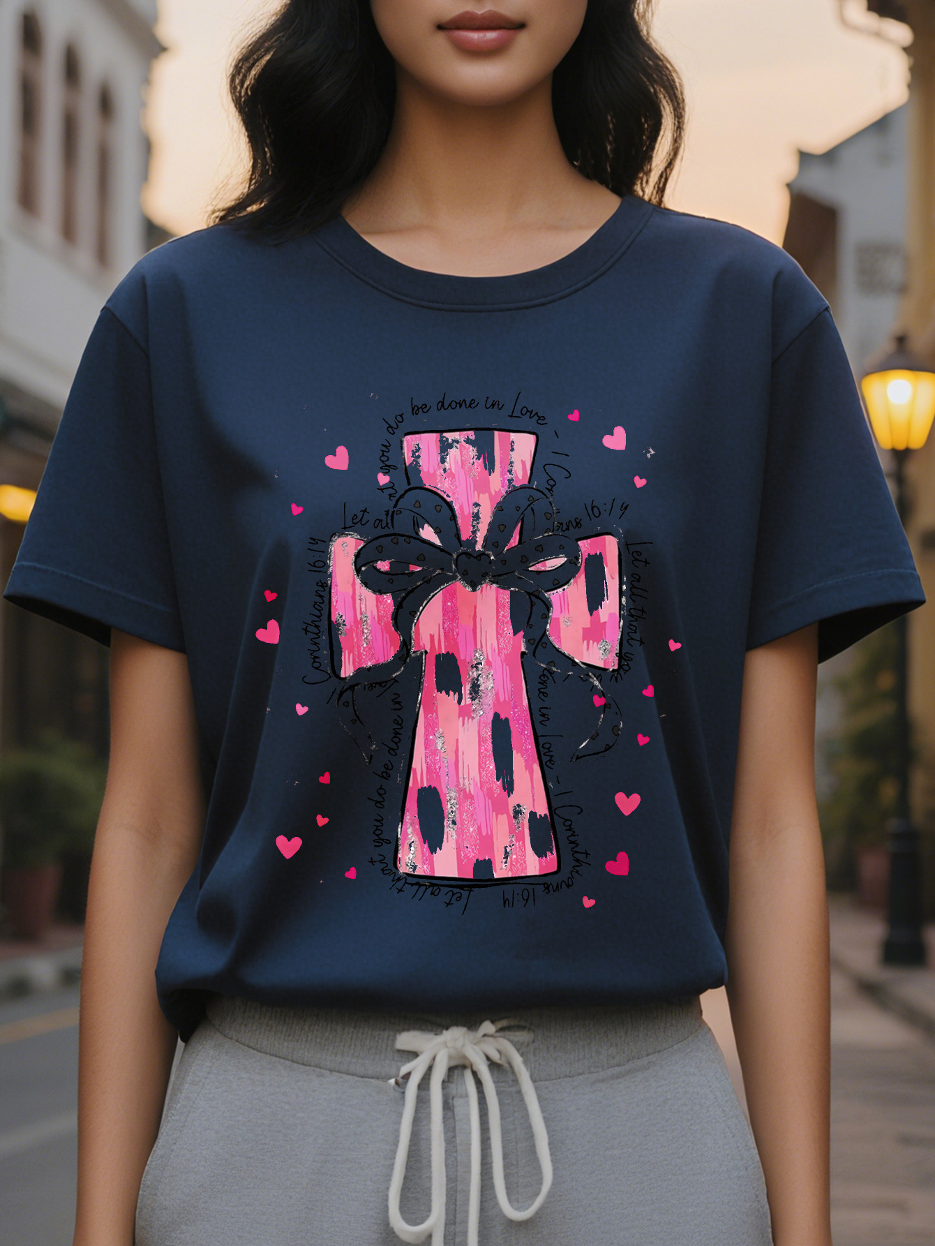 Women's Elegant Christian T-Shirt Short Sleeve Round Neck Regular Length Spring Summer Casual Top with Cross Design