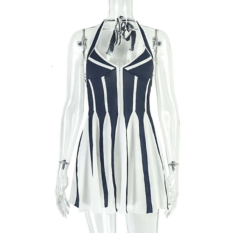 Hot-selling European American Style Foreign Trade Black and White Color-blocking Design Women's Pleated Patchwork A-line Halter V-neck Sleeveless