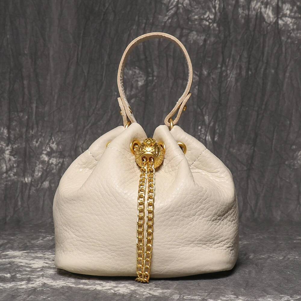 LUOKIR New Metal Drawstring Versatile Women's Handbag Genuine Leather Chain Crossbody Vintage Bucket Mobile Phone Bag
