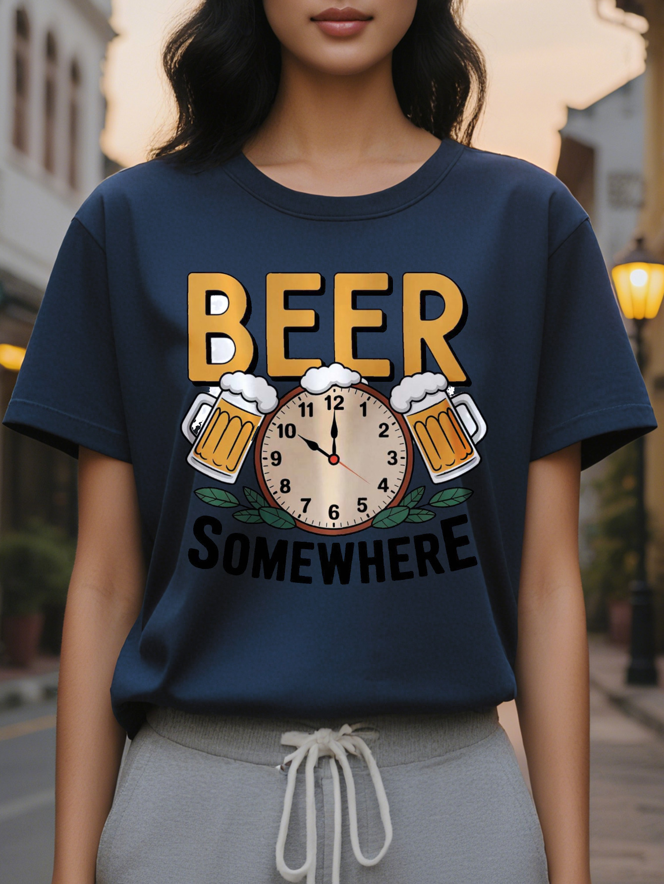 Women's Somewhere Pattern White T-Shirt with a Strong Beer Mug Design Lightweight Summer Top Suitable for