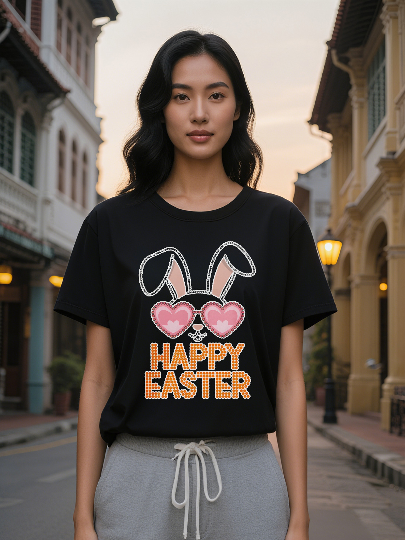 Large XL Casual Crew Neck T-Shirt with Happy Easter Bunny Print Black Knit Top Summer Washable Perfect Gift for Women Plus Size