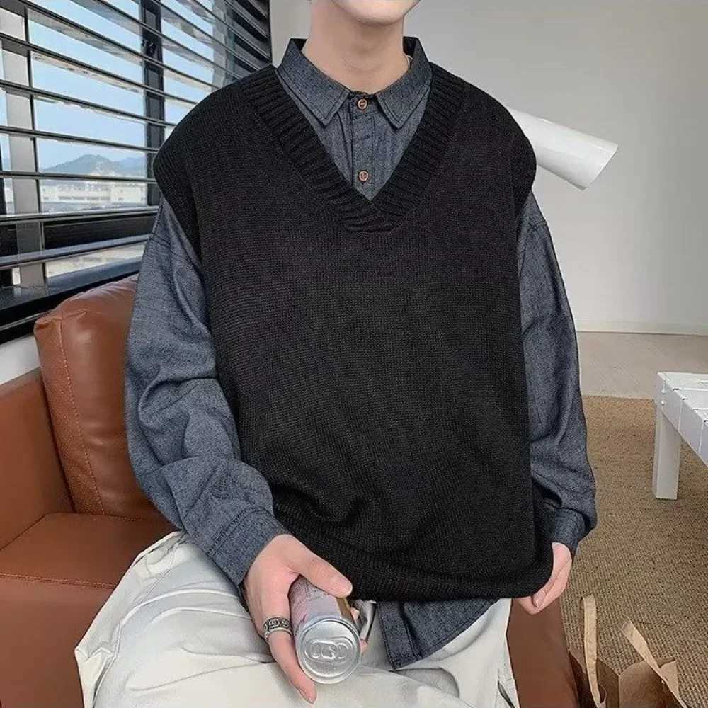 Solid Color Mens Knitted Vest New In V Neck Sweaters Male Streetwear Casual Original Vintage Waistcoat Designer Top Y2k CheapXJ250904