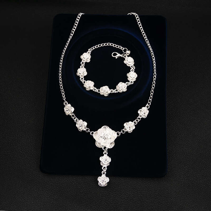 2025 Ethnic Style Silver-Plated Rose Necklace & Miao Silver Retro Flower Bracelet Set - Fashion Floral Jewelry, Wholesale, Sweet Fresh Design for Wome