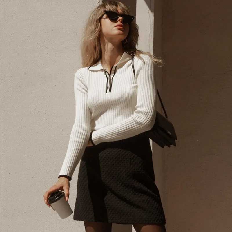 Talenza Autumn Knitted Pullover Womens Long Sleeve Patchwork Sweater Top Tight Bottoming Colorblock Lapel Knitted Pullover Top M250904