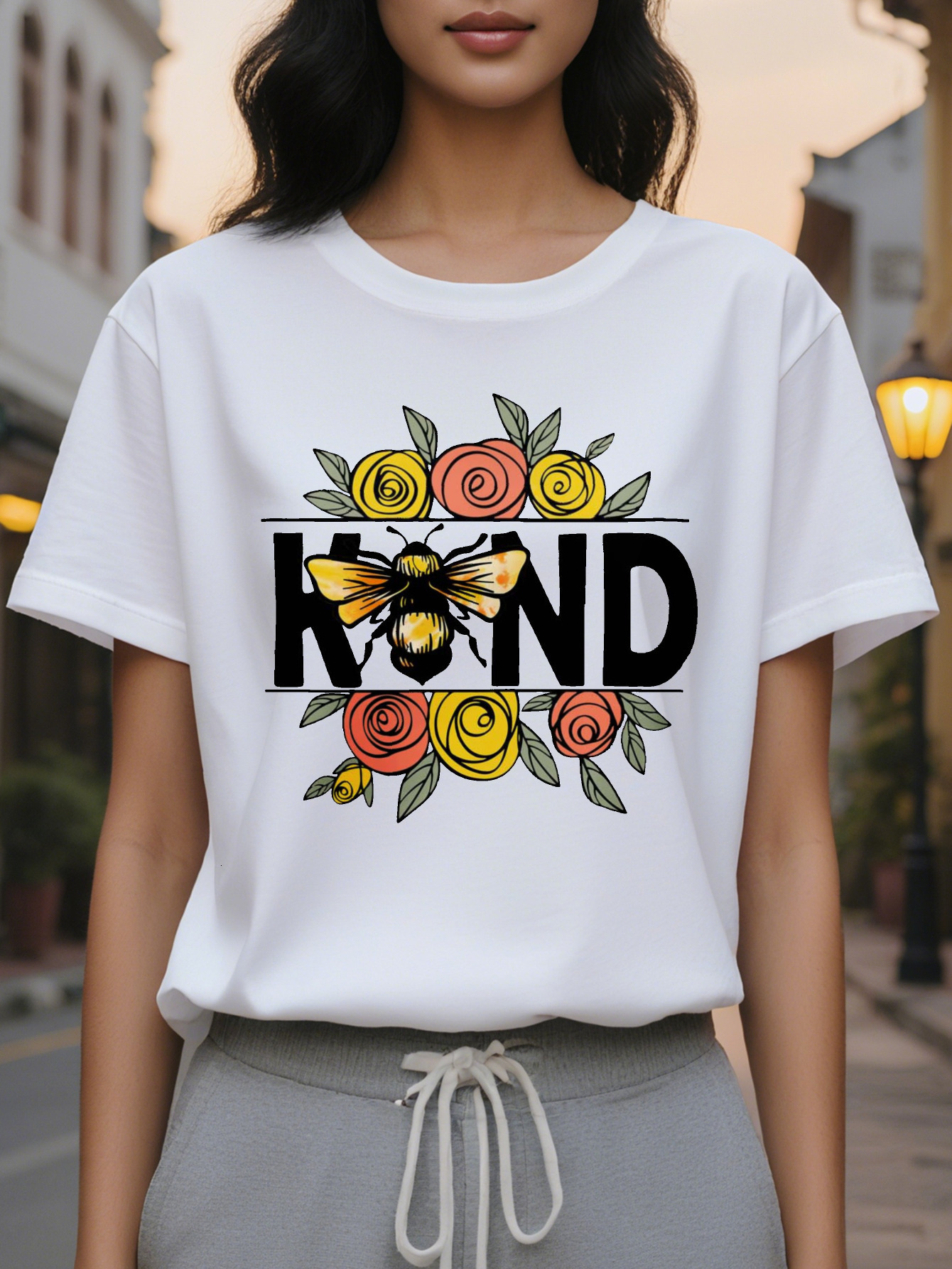 Women's Be Kind T-shirt elegant round neck sleeve top with colorful bee flower rose design soft cotton