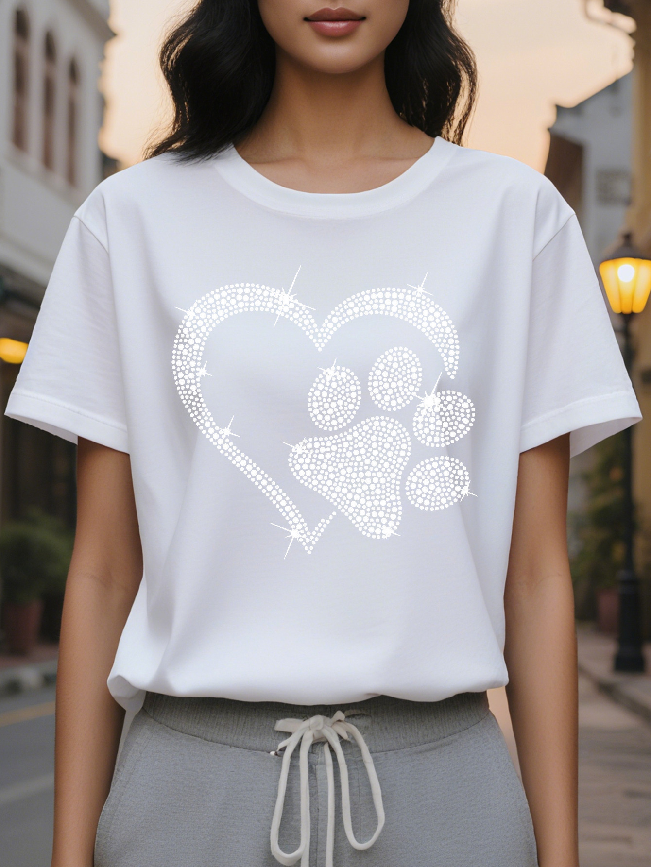 Heart Dog Paw Print T-Shirt Casual Short Sleeve Crew Neck Top Stylish All Season Women's Clothing
