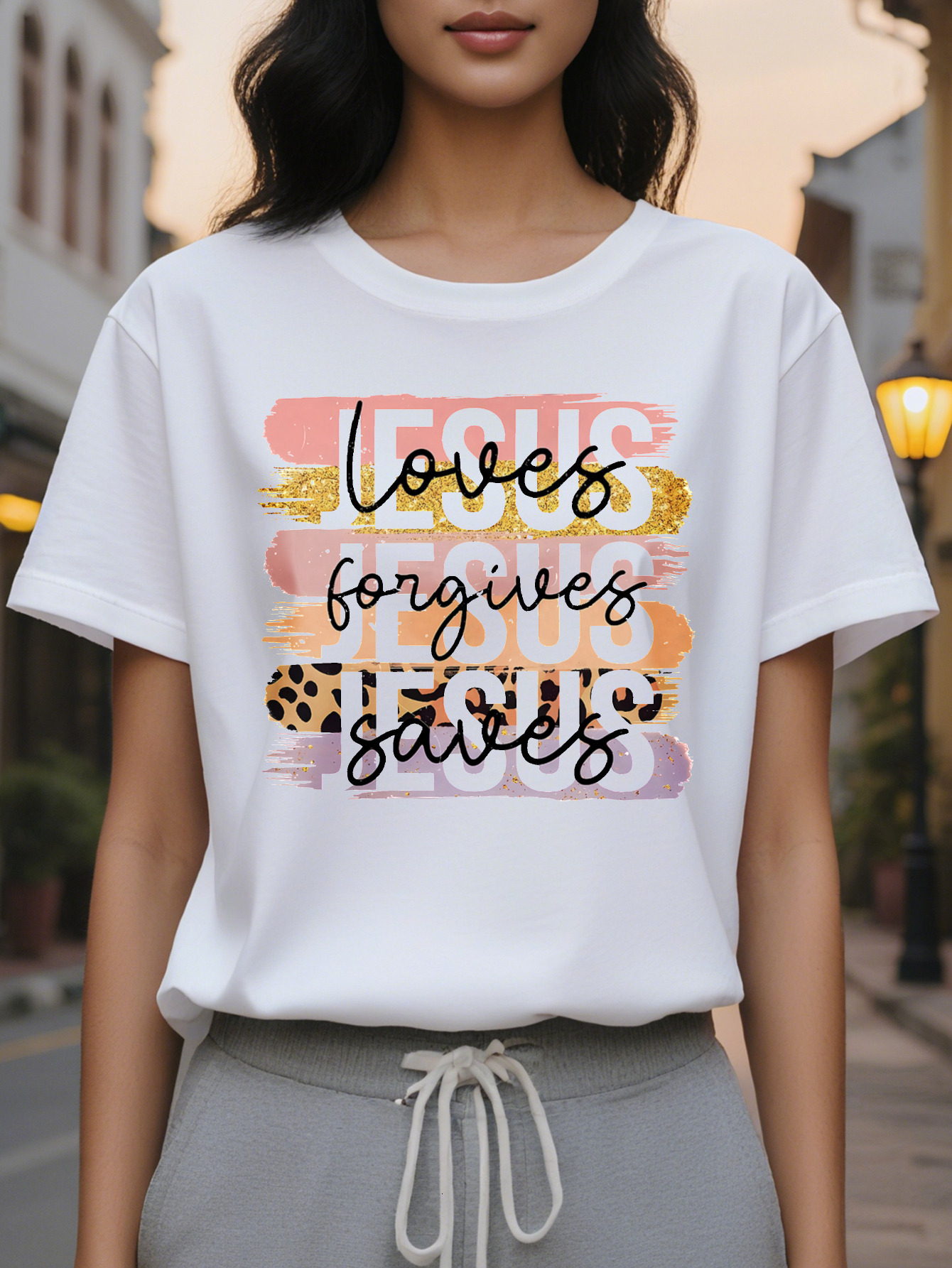 Fall in Love with Jesus Short Sleeve T-Shirt Round Neck Casual Top for Summer and Spring Women's Clothing Beautiful