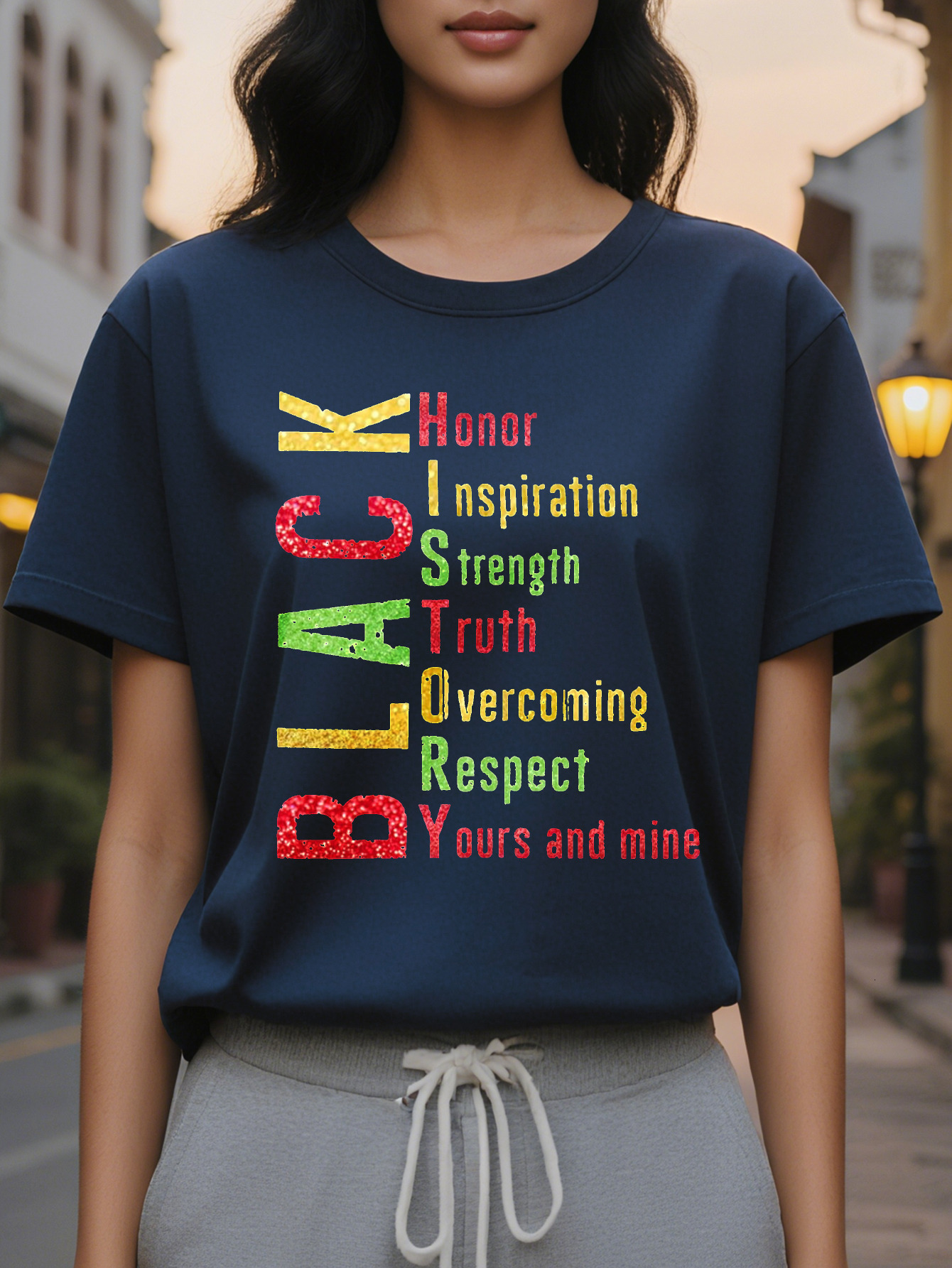 Women's Black History Inspirational Quotes T-shirt Cotton Round Neck Casual Top with Bright Color Block