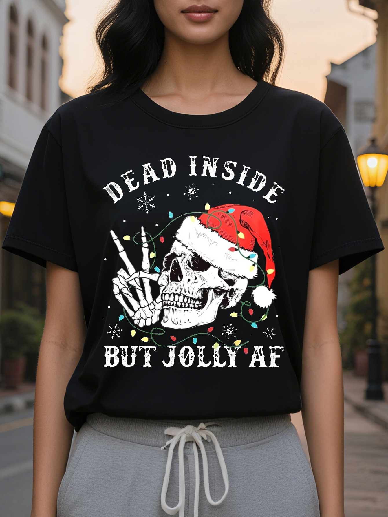 Large XL Women's Christmas Skull Print Crew Neck T-Shirt Soft Micro Elasticity Cotton Fabric Regular Length Hand Washable Plus Size