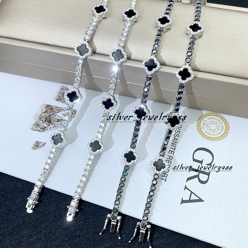 New Design 3mm 925 Sterling Silver Luxury Hip Hop Tennis Chain Bracelet Moissanite Diamond with Four Cleef Clover Pass Test