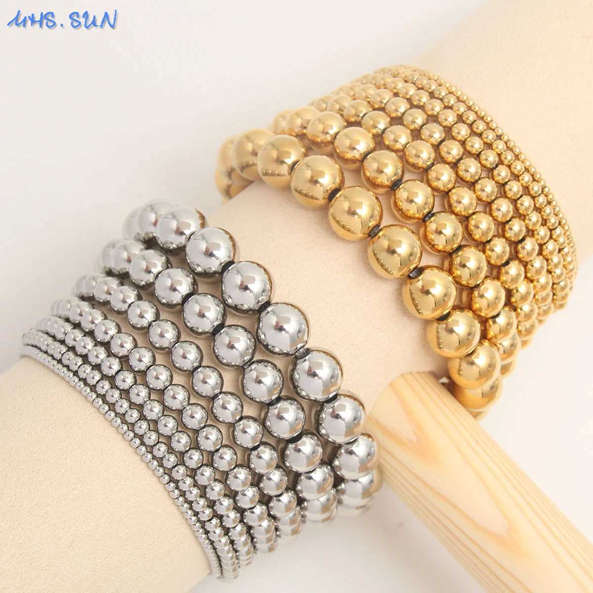 MHSSUN Trend Stretch Stainless Steel Bracelets Gold Sliver Color 2MM 5MM 8MM Stacked Ball Beaded Bracelet For Women Men Jewelry W250904