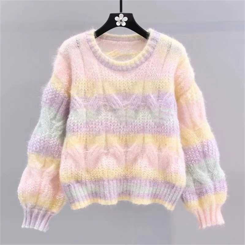 Womens Harajuku Pink Rainbow Striped Hollow Cable Knit Thick Sweater Long Sleeve Round Neck Knitwear Pullover Jumper Top M250904
