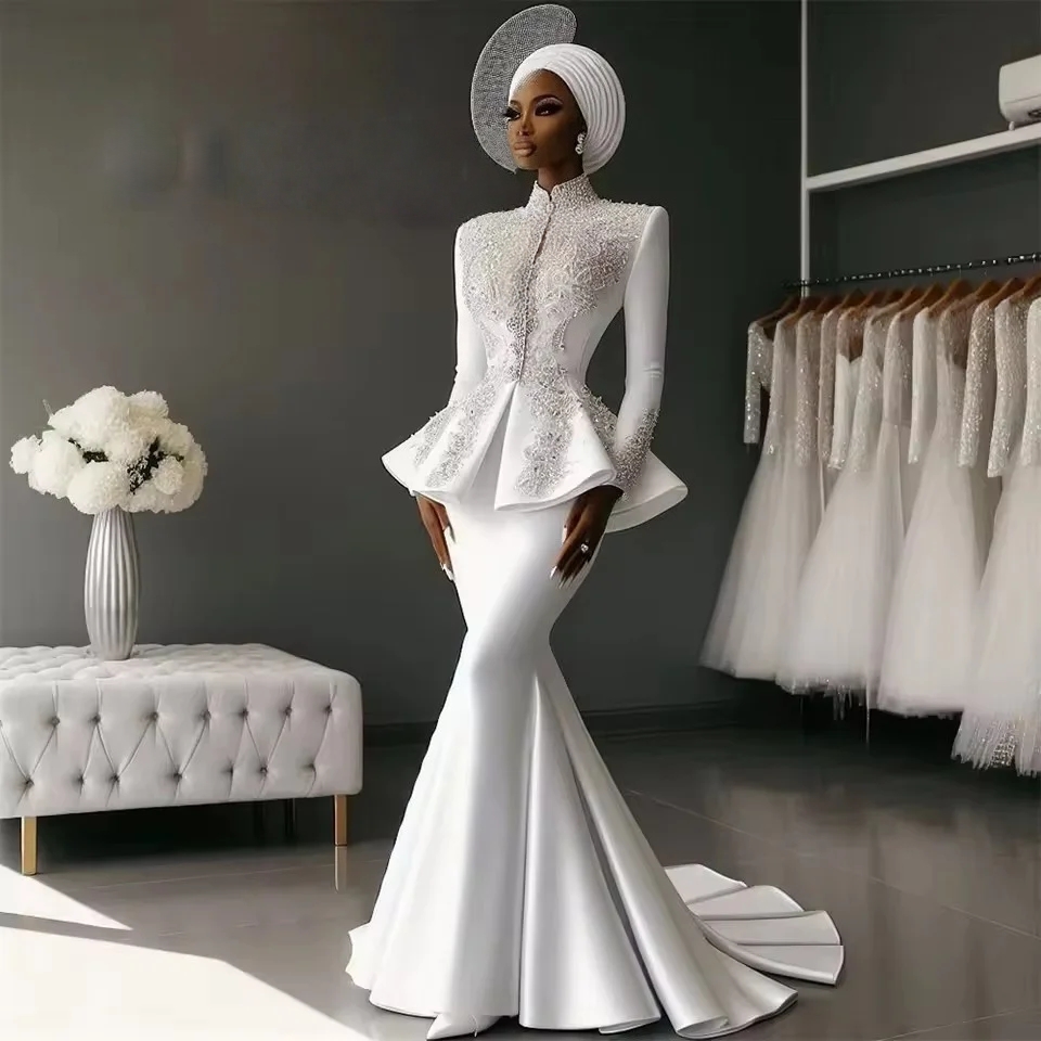 Elegant Arabic Muslim Mermaid Wedding Dresses High Collar Long Sleeves Lace Appliques Beading White Satin Bridal Gown Sweep Train Reception Dress