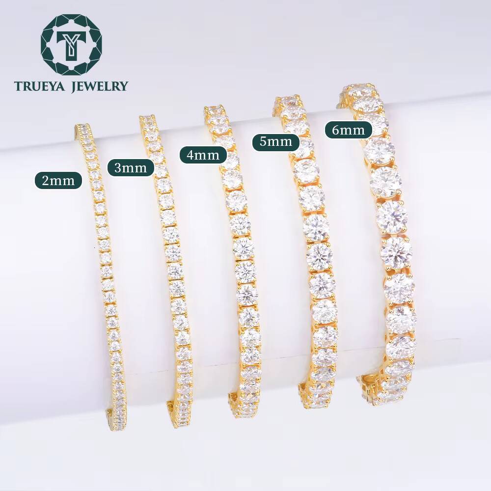 Trueya Jewelry Wholesale High Quality Gold Plated 2mm to 6mm Clustered VVS Silver Moissanite Tennis Bracelet Link Chain