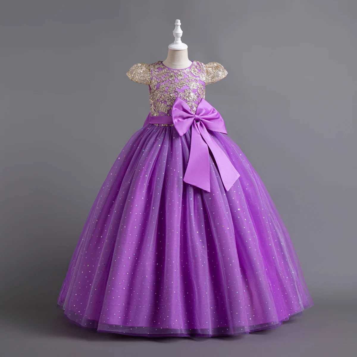 Elegant Kids Dresses For 3-12Y Girls Wedding Children Bow Bridesmaid Prom Long Gown Princess Birthday Party Embroidery Dresses Z250904