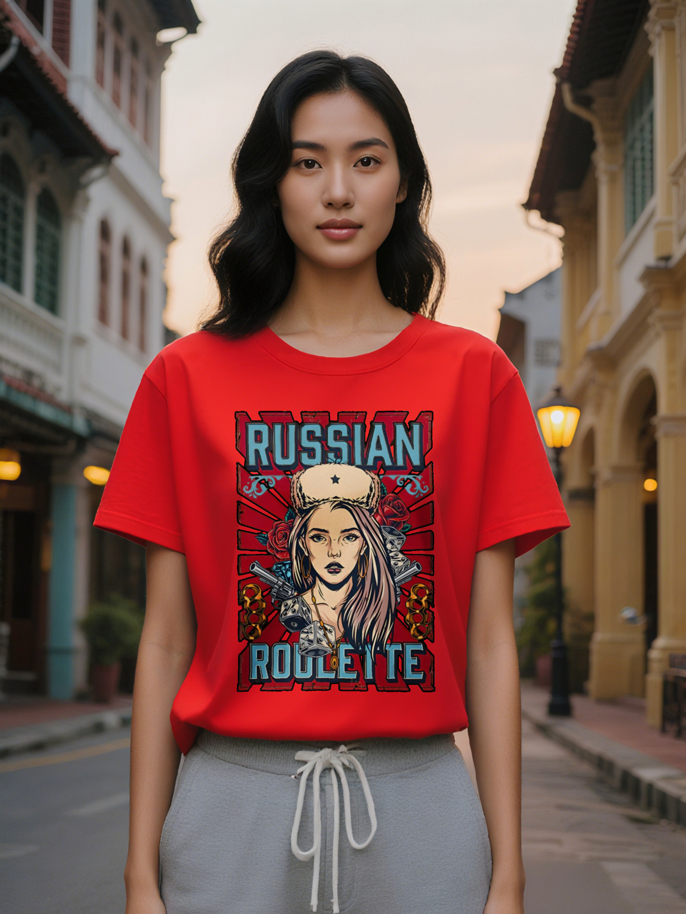 Large XL Women's Casual Graphic T-Shirt Black Russian Roulette Design with Female Portrait Red Accents Round Neck Summer Tee Plus Size