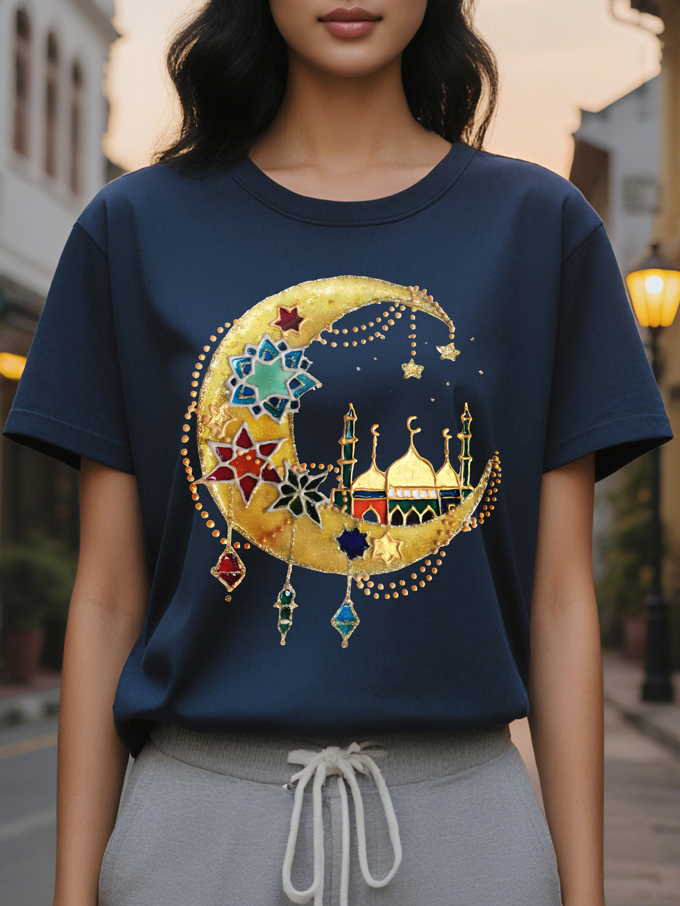 Middle Eastern Desert Ramadan Islamic Print T-Shirt Casual Short Sleeve Round Neck Top Fashion All Season Women's Wear