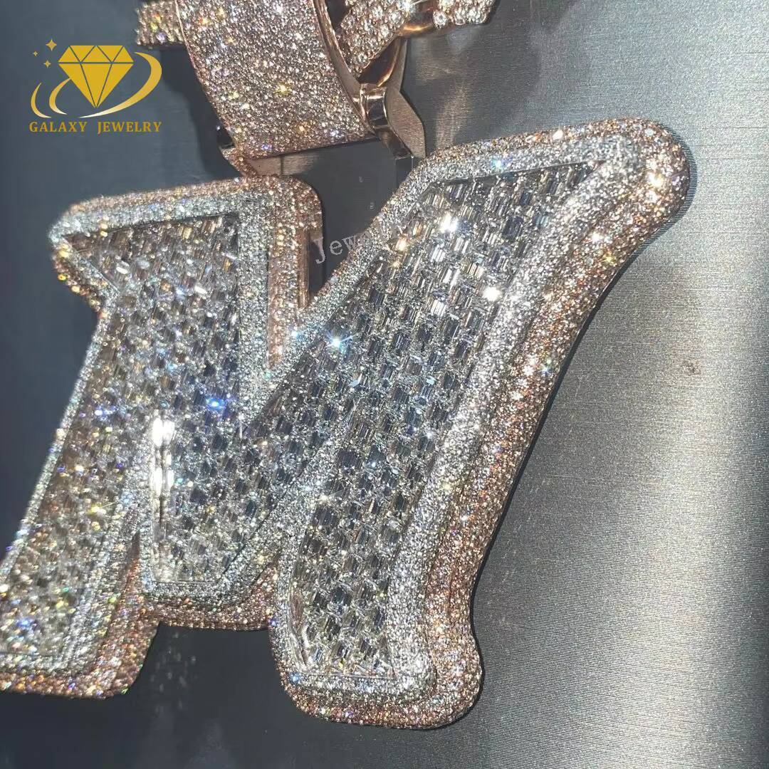 Hip Hop Rappers Mossanite Jewelry D Color Baguette Diamond 925 Sterling Silver Name Initial Pendant Necklace Letter M Pendant