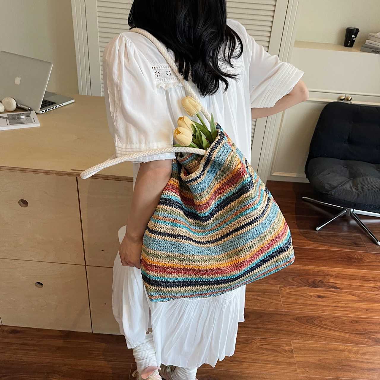 2025 Summer New Arrival Crossborder Woven Tote Bag Largecapacity Lightweight Straw Weave Beach Bag Womens ShoulderUnderarm H Z250903