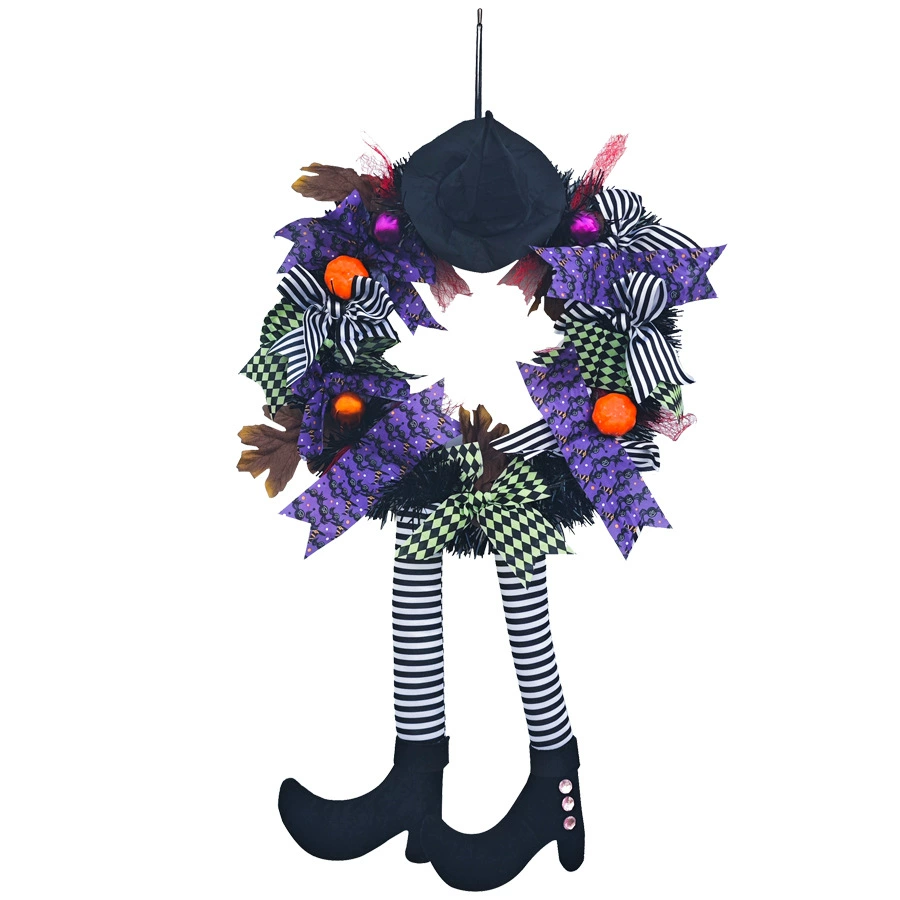 Halloween Witch - Themed Wreath Decor: Black Hat, Colorful Bows & Witch Legs for Festive Home Decor